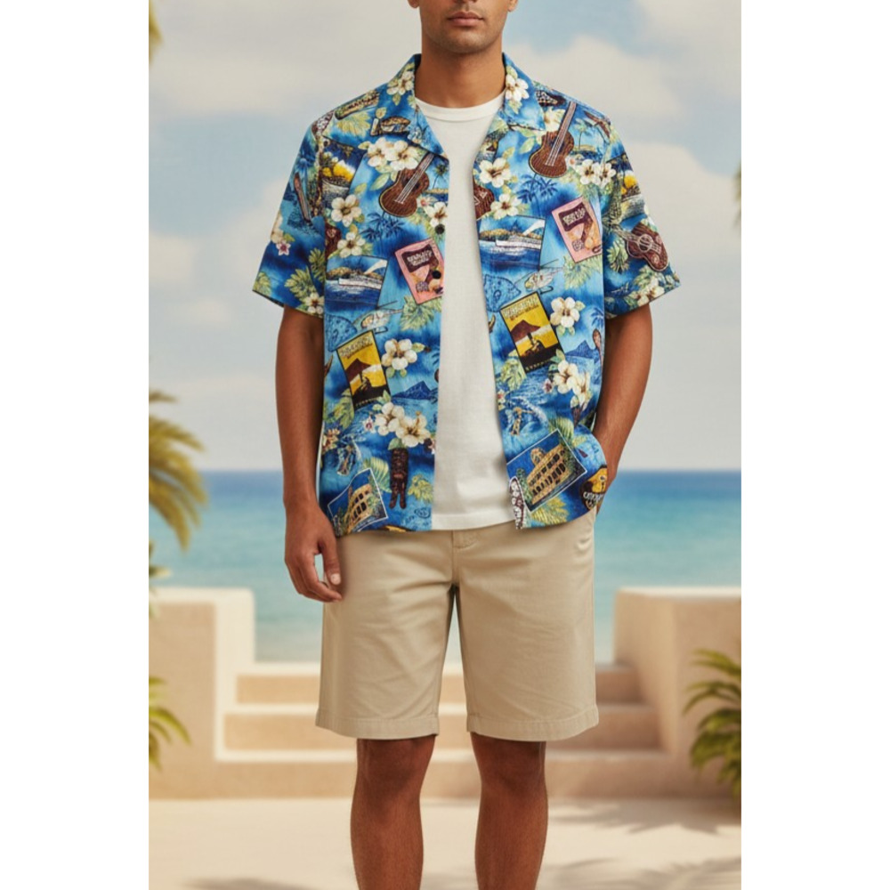 Palmwave Men's Blue Short Sleeve Button Up Aloha Shirt Ukulele Print Size Large